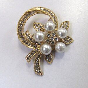 Gold Rhinestone Crystal Pearl Abstract Design Pin Brooch Wedding Bridal Gift